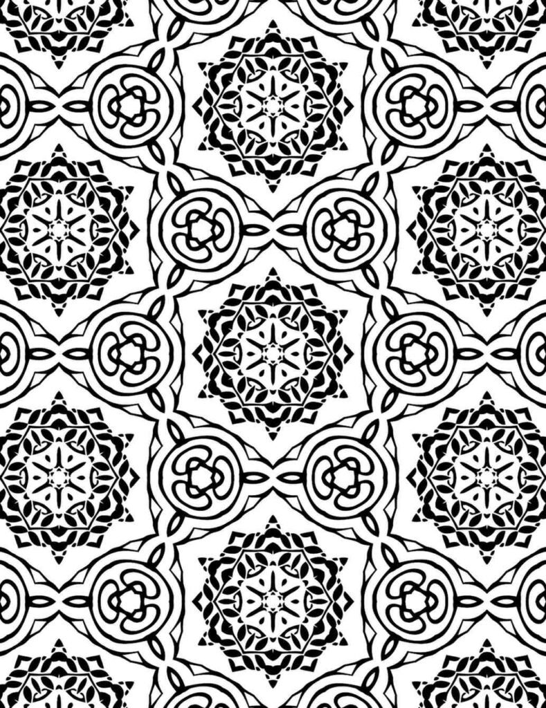 Black and white mandala pattern with eight-pointed floral stars and interwoven Celtic knot-like circles