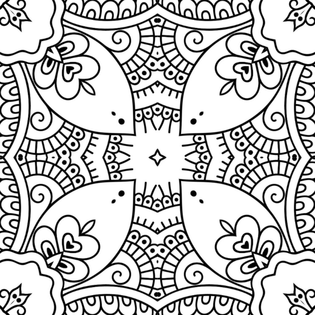 Unique geometric floral square mandala coloring page with abstract petal shapes and intricate patterns, ideal for mindful focus.