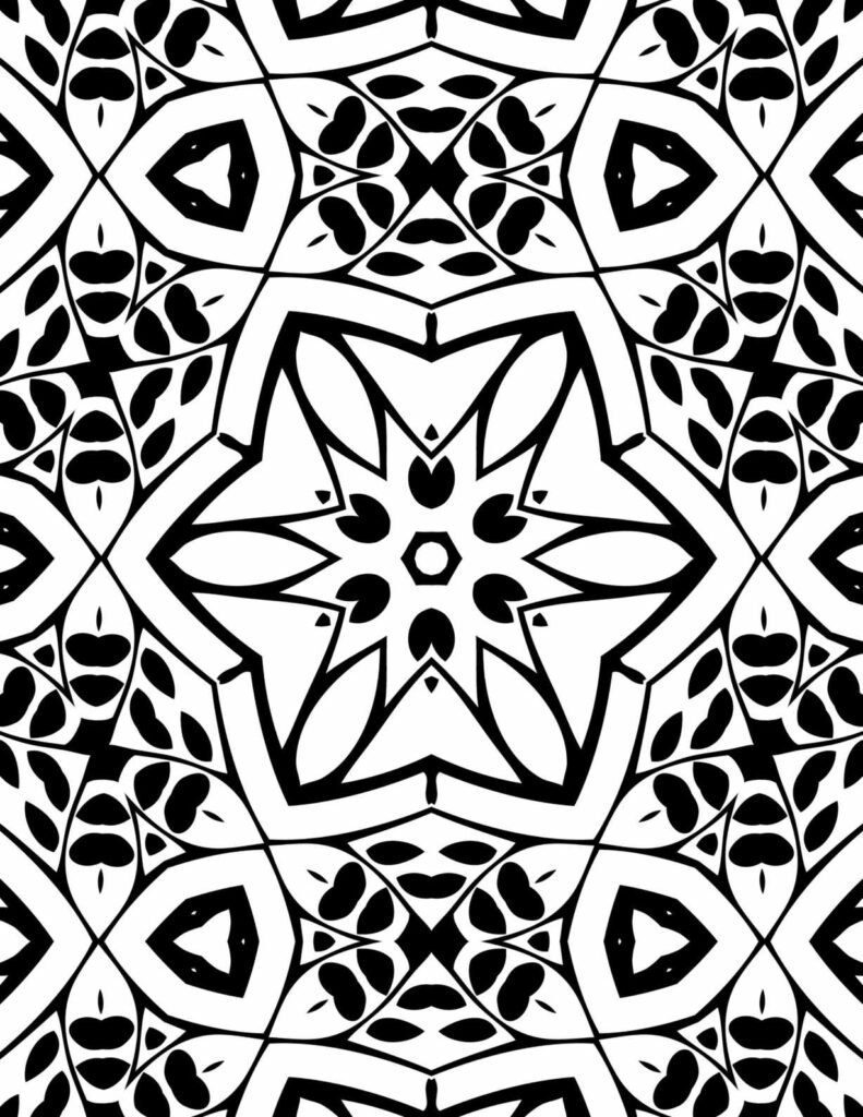 Detailed Geometric Bloom Mandala with a central star, triangular frames, and heart-leaf motifs in black-and-white, perfect for coloring and mindfulness.