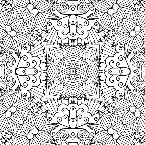 Detailed square mandala with a strong geometric center, surrounded by intricate floral and cloud-like patterns, perfect for adult coloring and meditation.