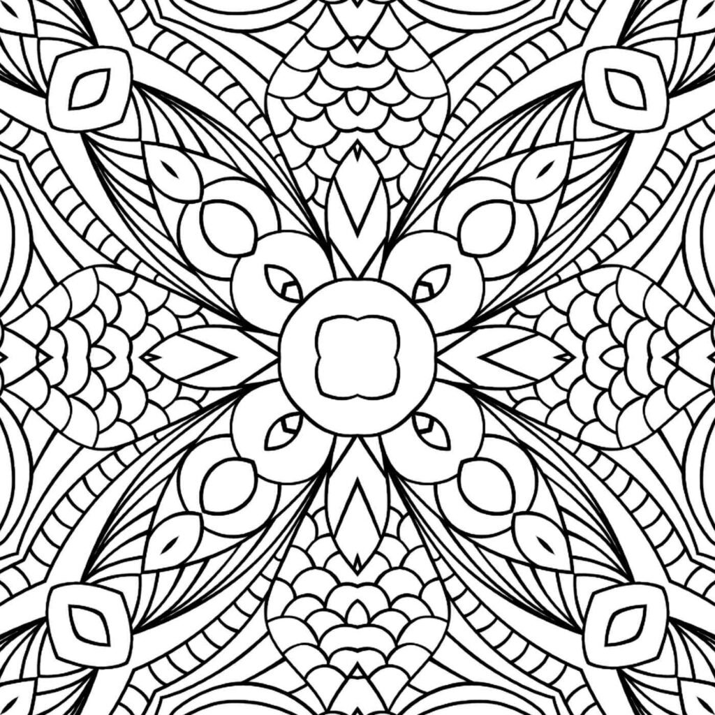 Symmetrical square mandala featuring a central geometric flower, radiating textured scales, and bold linear patterns, perfect for mindful coloring.