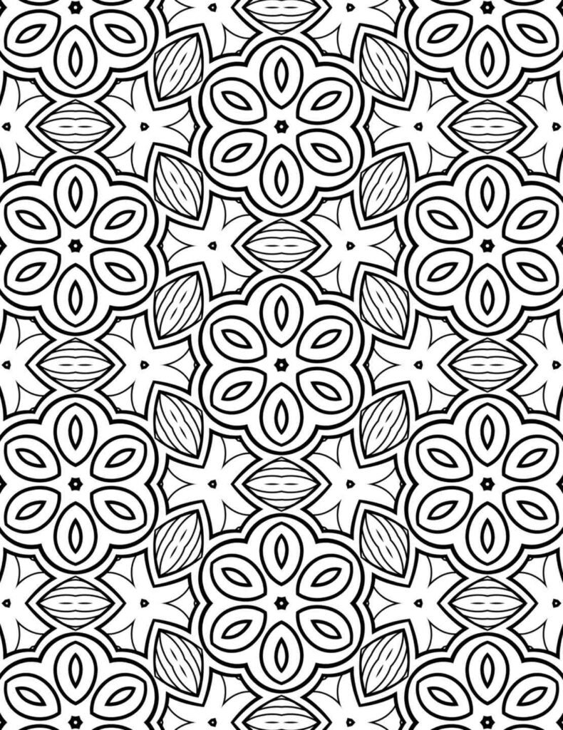 Intricate geometric blossom mandala with floral and leaf patterns for coloring and mindfulness