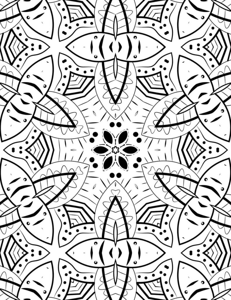 Intricate black and white geometric blossom mandala for coloring and meditation, perfect for stress relief.