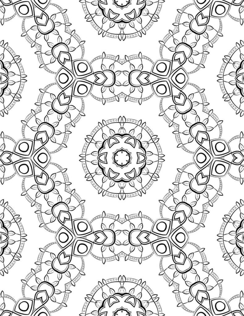 Geometric mandala design with floral petal circles, symmetrical heart-like trios, and detailed dot accents for coloring and relaxation