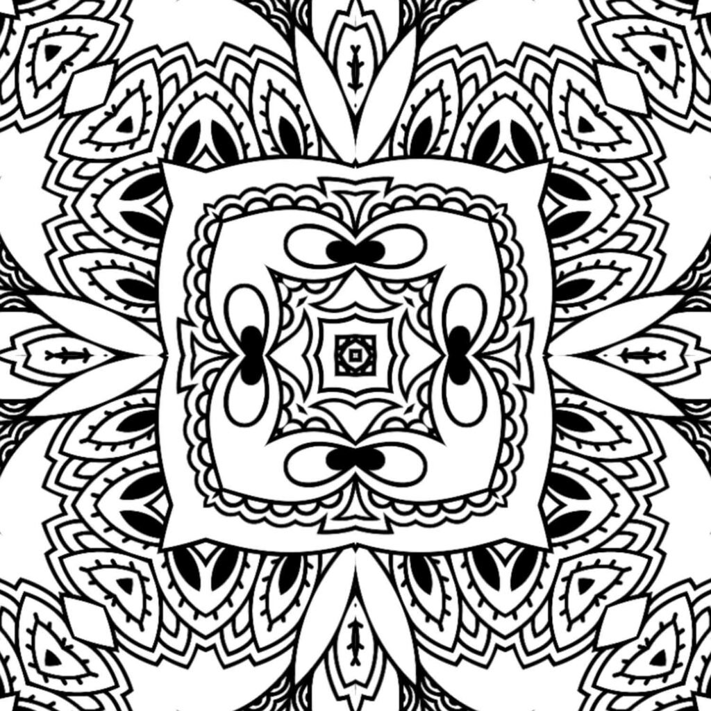 Symmetrical black and white mandala with layered floral and geometric patterns, featuring a prominent central square and intricate radiating petals.