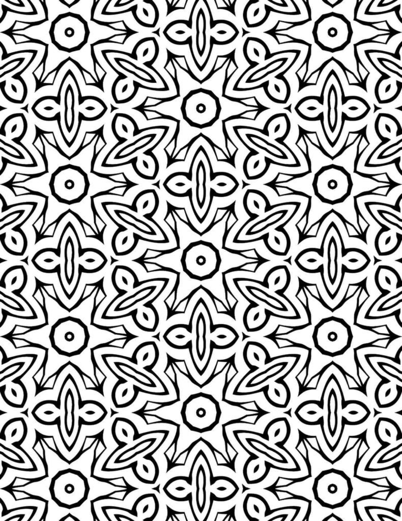 Symmetrical black and white mandala with repeating star-like and floral geometric patterns.