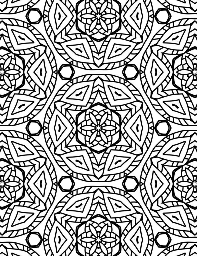 Geometric mandala design featuring floral centers, diamond shapes, and concentric circular patterns in black and white