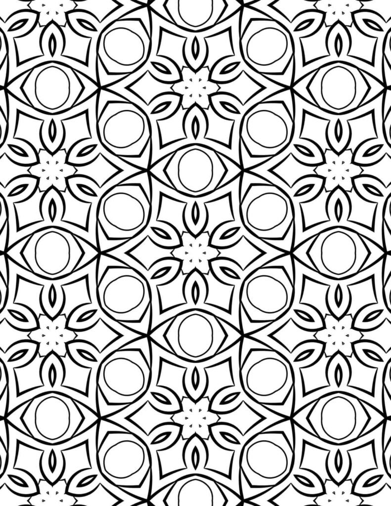 Detailed geometric mandala pattern for coloring, featuring intricate eye-like shapes and floral motifs.