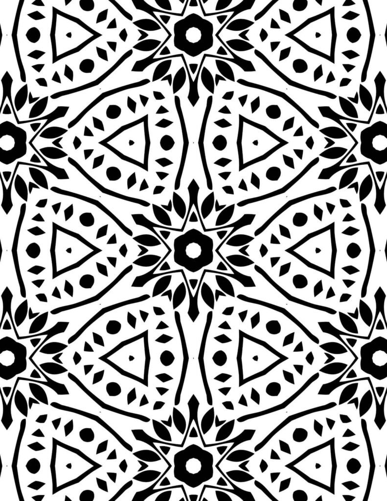 Intricate black and white geometric flora mandala with floral starbursts and triangular patterns for coloring and mindfulness.