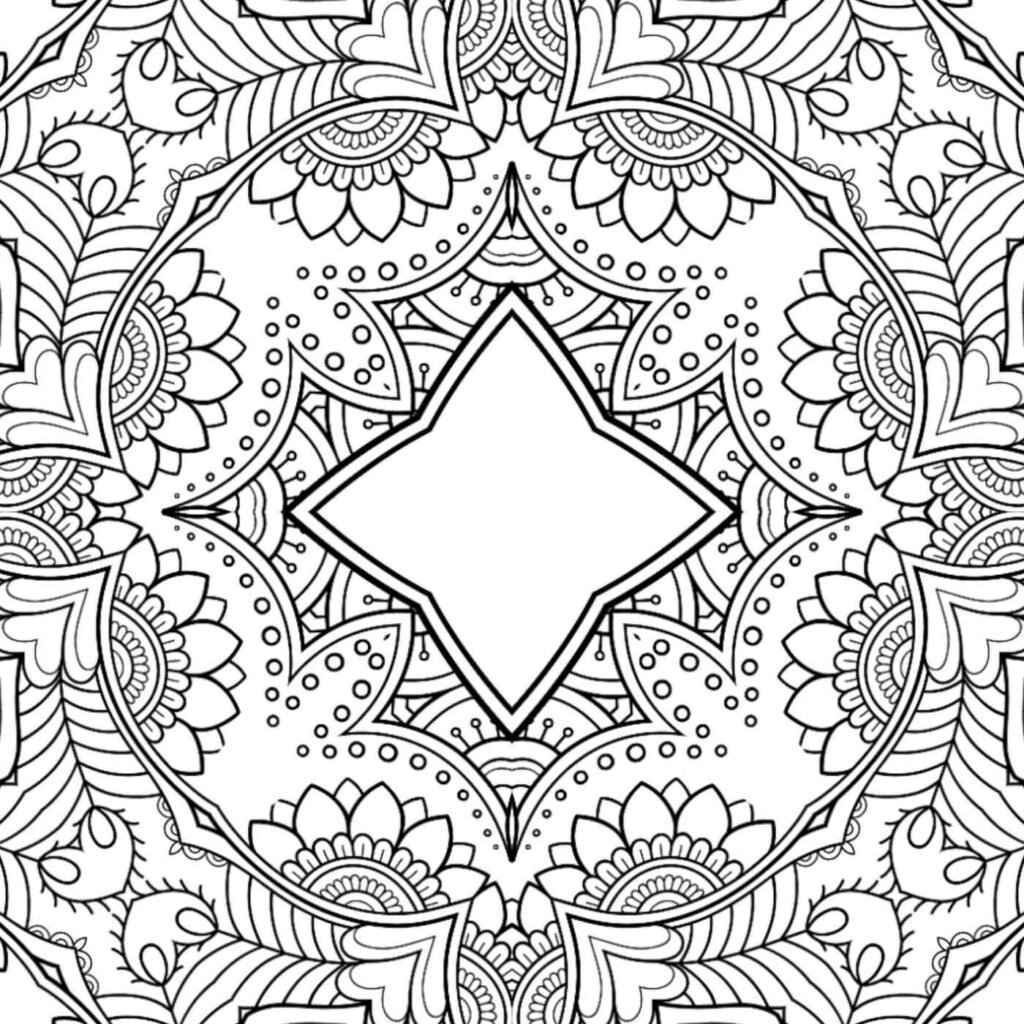 Abstract geometric and floral mandala coloring design with a central diamond shape