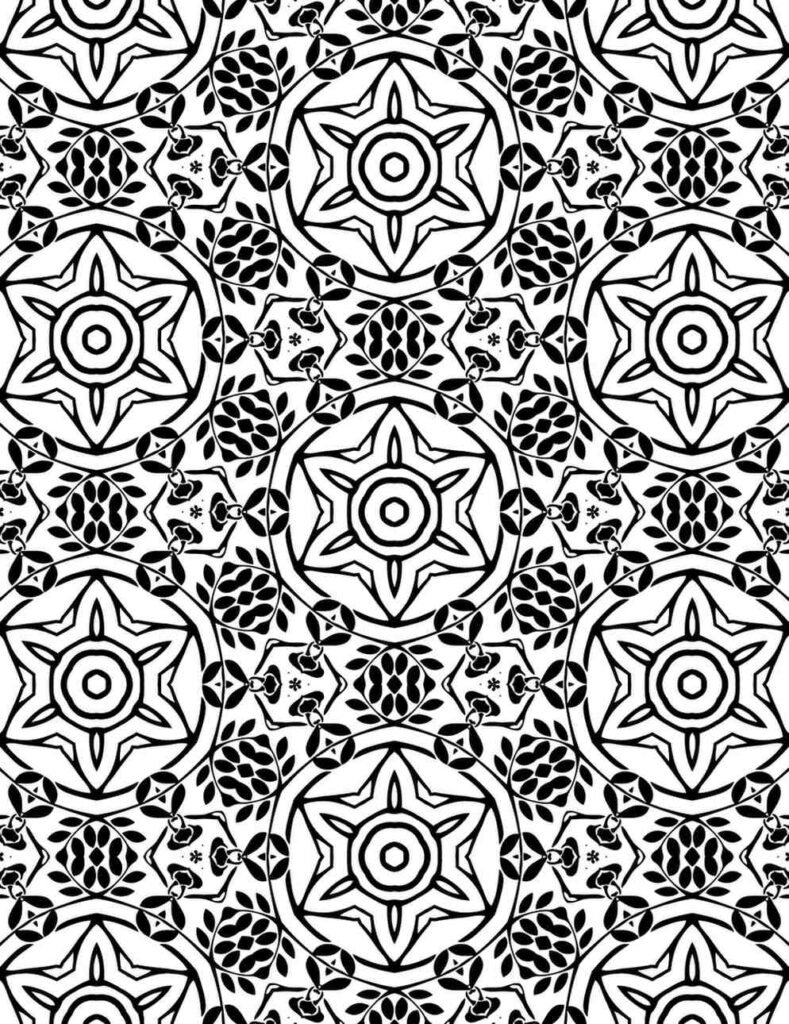 Black and white geometric mandala design with floral star patterns for coloring and mindfulness activities