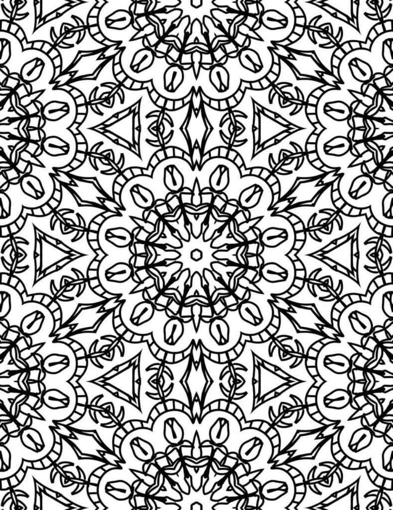 Symmetrical mandala with bold petal loops and sharp triangle patterns in black and white