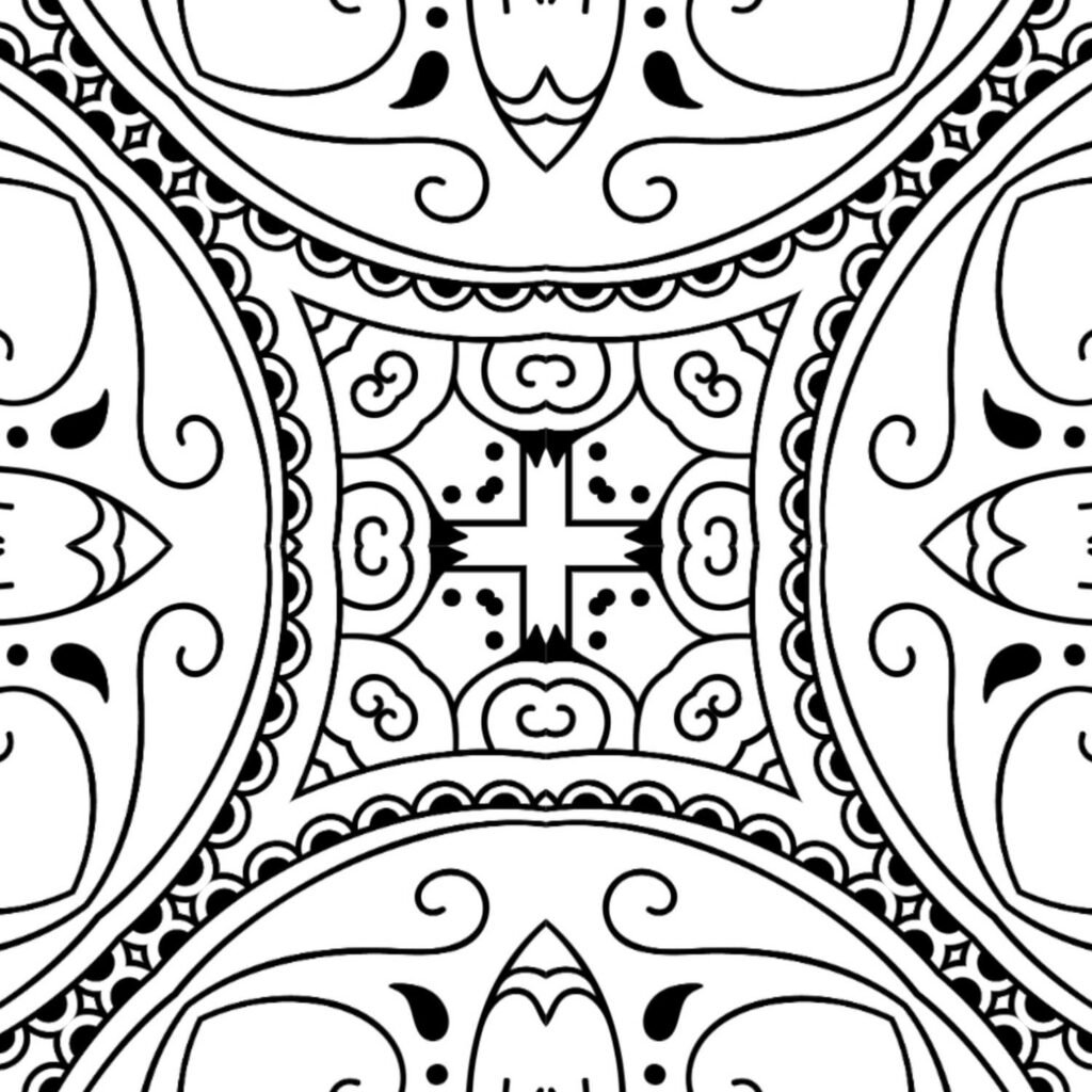 Unique geometric flow mandala coloring page with a central cross motif and flowing organic patterns, perfect for mindful centering.