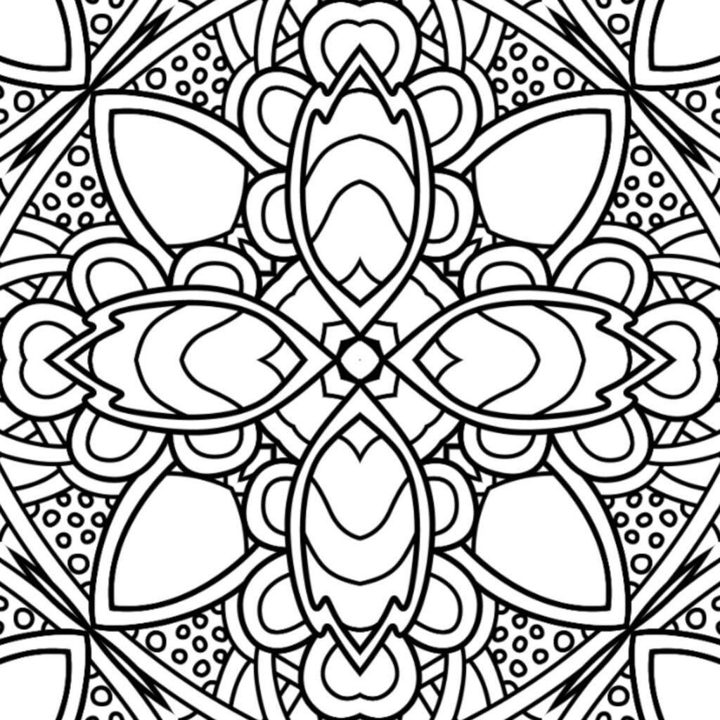 Square mandala coloring page with bold central motifs, detailed circular patterns, and an abstract contemporary design.