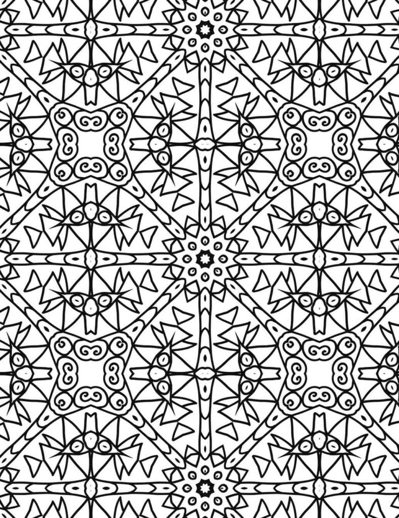 Intricate black and white geometric mandala coloring page with sharp lines and repeating patterns for stress relief