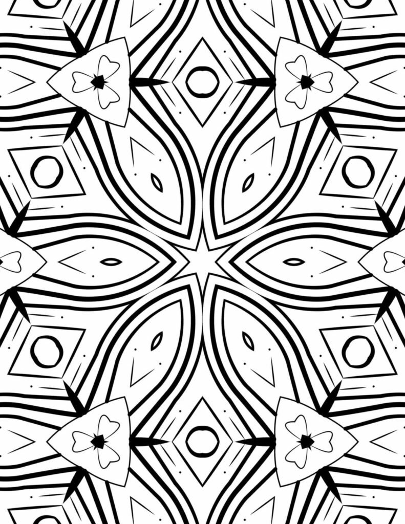 Geometric harmony mandala coloring page with bold lines, central star, and abstract petal patterns
