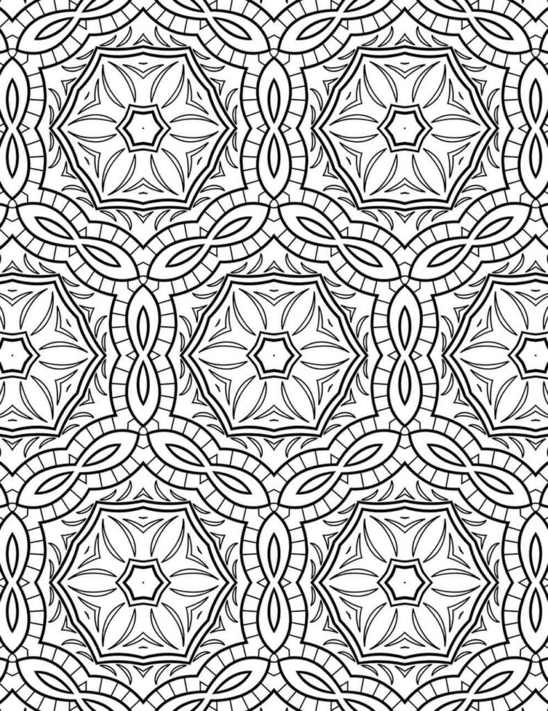 Intricate hexagonal tessellation mandala design for coloring, stress relief, and creative projects.