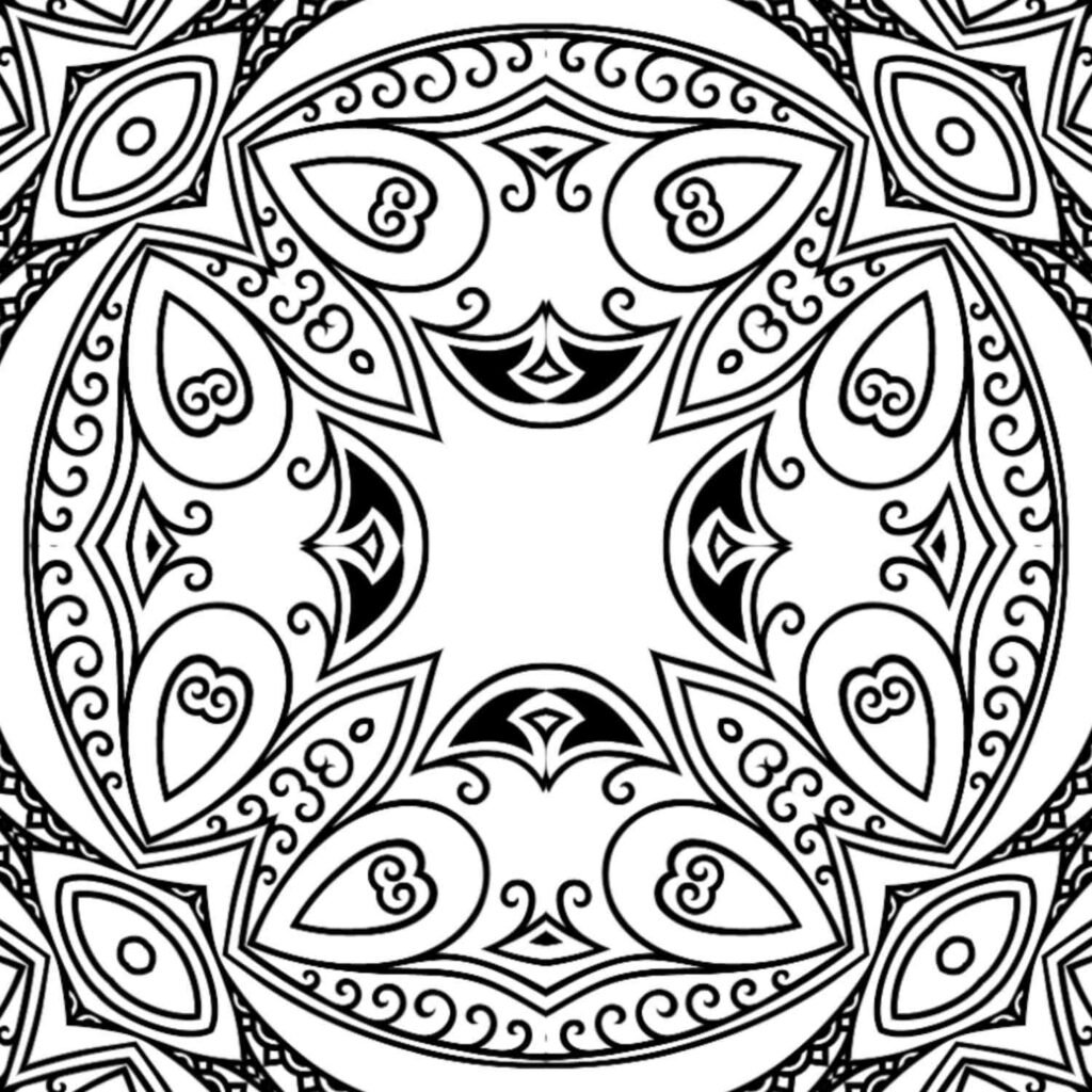 Detailed geometric mandala coloring page for adults, intricate patterns, square and circular elements, printable stress relief art.