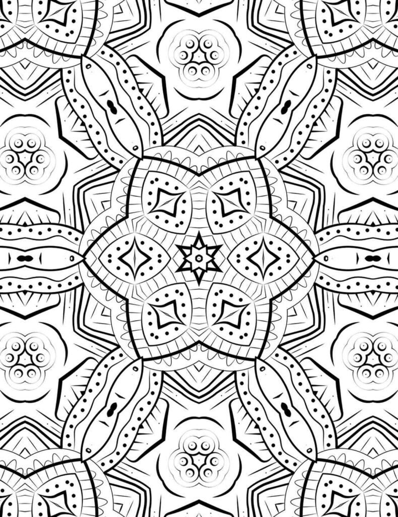 Intricate geometric mandala coloring page with six-pointed star center and ornate patterns, perfect for stress relief and mindful coloring.