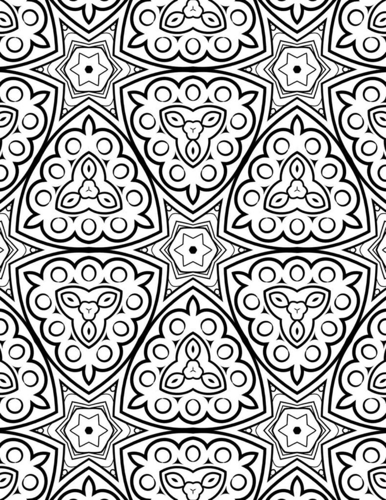 Intricate geometric mandala design for coloring, featuring repeating patterns and star-like centers, printable art for relaxation