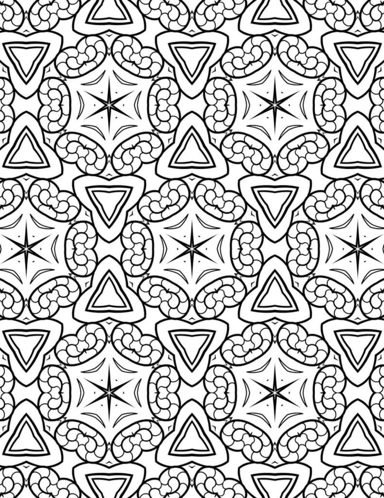 Free printable geometric mandala coloring page with repeating triangles and intricate patterns for stress relief