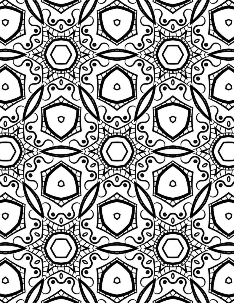 Black and white geometric mandala with pentagon centers, repeating shield shapes, and linear symmetry