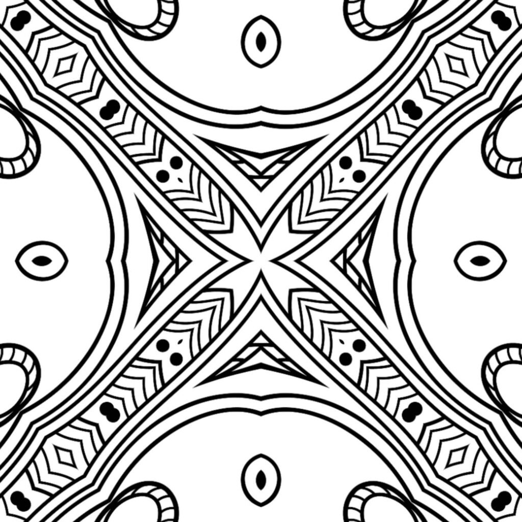 Geometric harmony mandala, chevron patterns, eye motifs, mindful coloring page