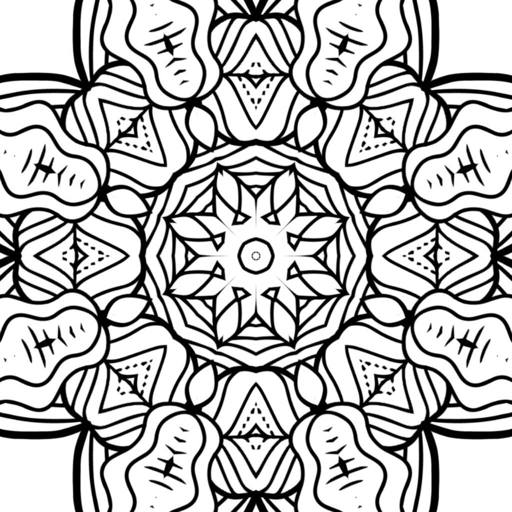 Symmetrical black and white geometric mandala with sharp angles and intricate patterns, ideal for mindful coloring and stress relief.