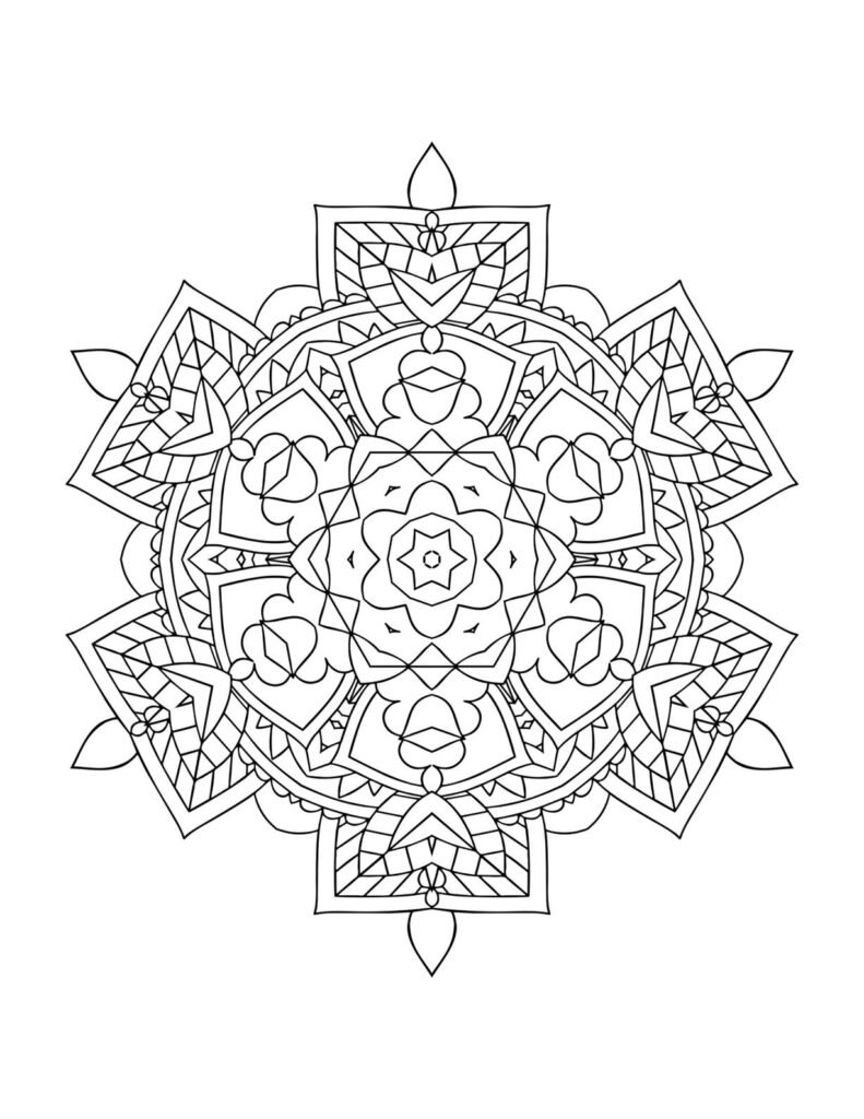 Symmetrical mandala blending geometric shapes and floral curves, balanced black and white design for mindful coloring