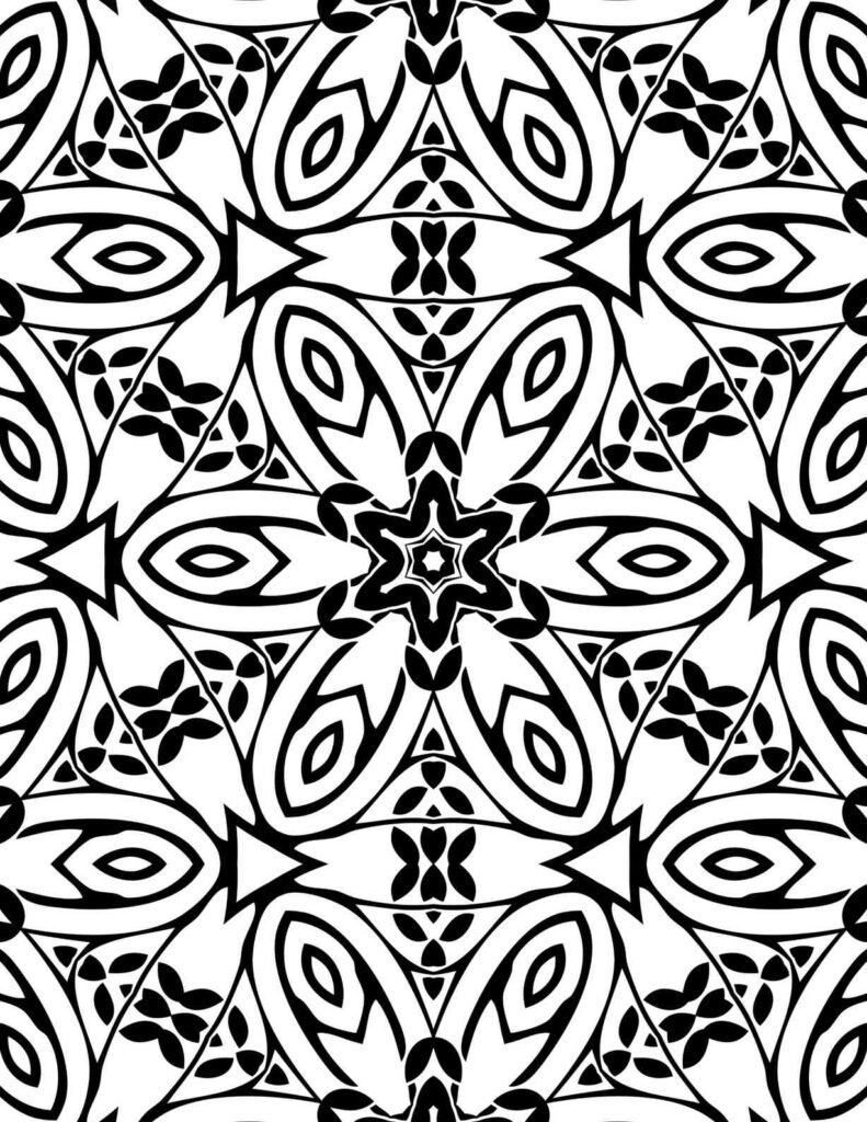 Symmetrical black and white mandala with repeating geometric shapes, star patterns, and subtle floral elements for adult coloring