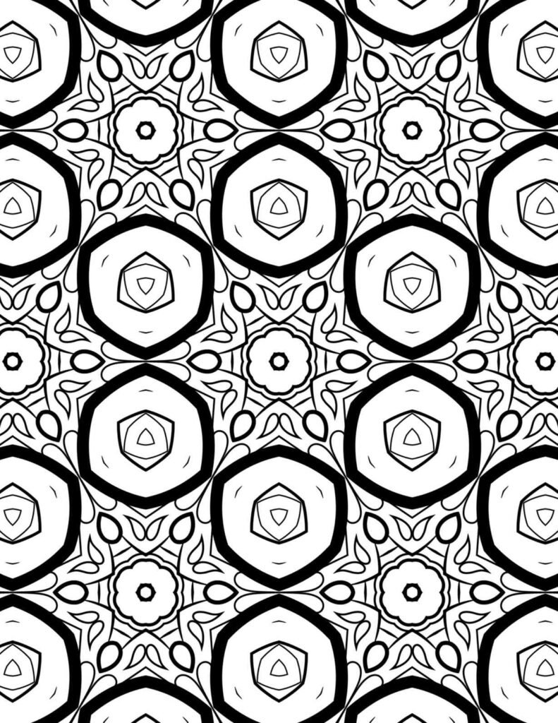 Bold geometric mandala pattern with hexagonal and floral motifs for coloring and stress relief