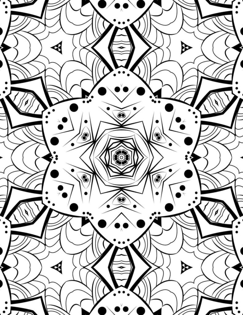 Intricate black and white mandala with layered star shapes, bold geometric patterns, and fine dot work, ideal for adult mindfulness coloring.