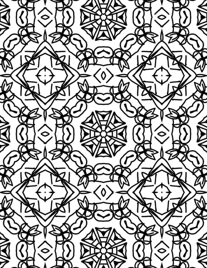 Symmetrical black and white geometric mandala with repeating diamond and floral-inspired patterns for adult coloring.
