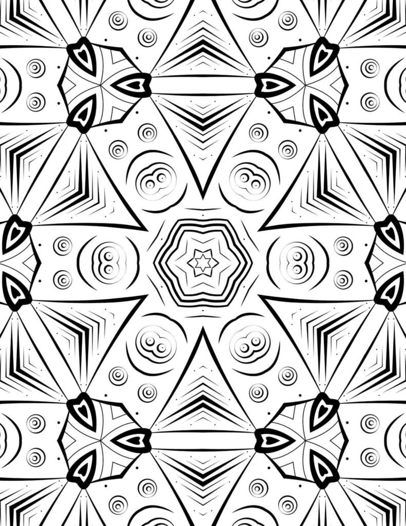 Black and white geometric mandala featuring heart accents, concentric circles, and triangular symmetry