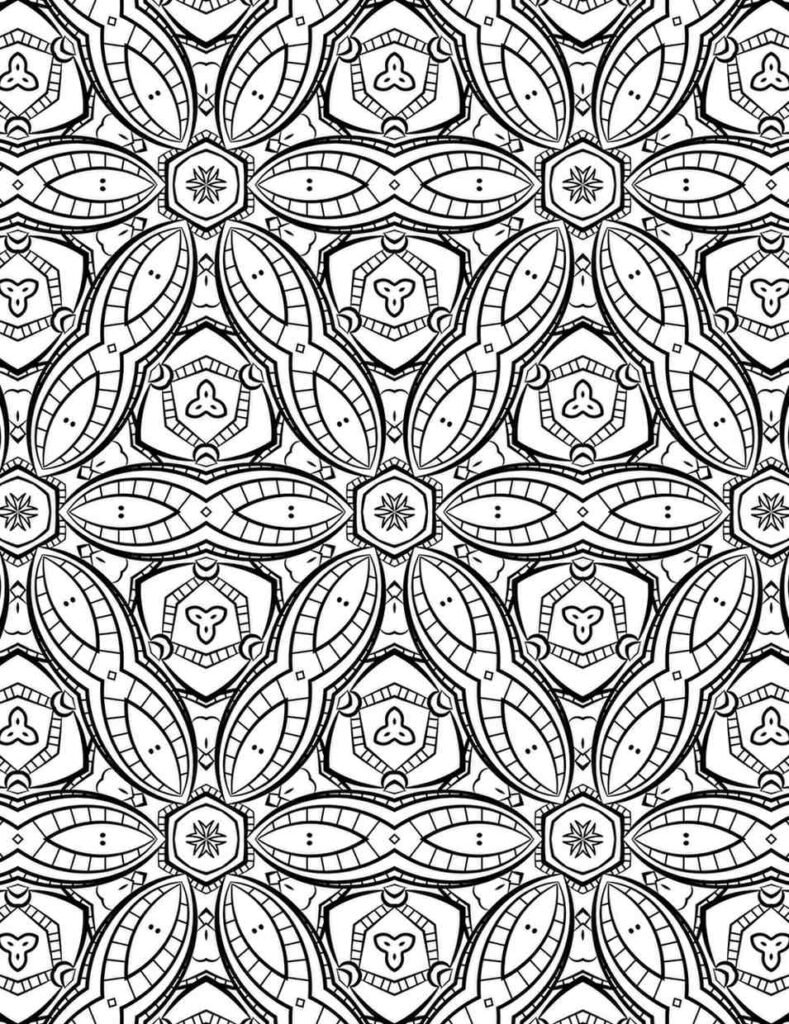 Black and white mandala pattern featuring interlocking oval loops, hexagonal hubs, and symmetric shapes