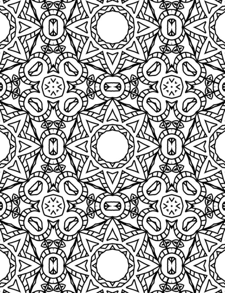 Bold geometric mandala design with star patterns, gemstone-like shapes, and circular symmetry for coloring and crafts