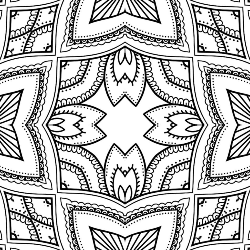 Symmetrical geometric mandala with lace-like and dotted patterns for free download, ideal for mindful coloring and creative expression.