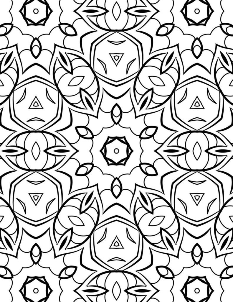 Intricate black and white geometric mandala pattern with repeating lotus and hexagonal elements for coloring and mindfulness