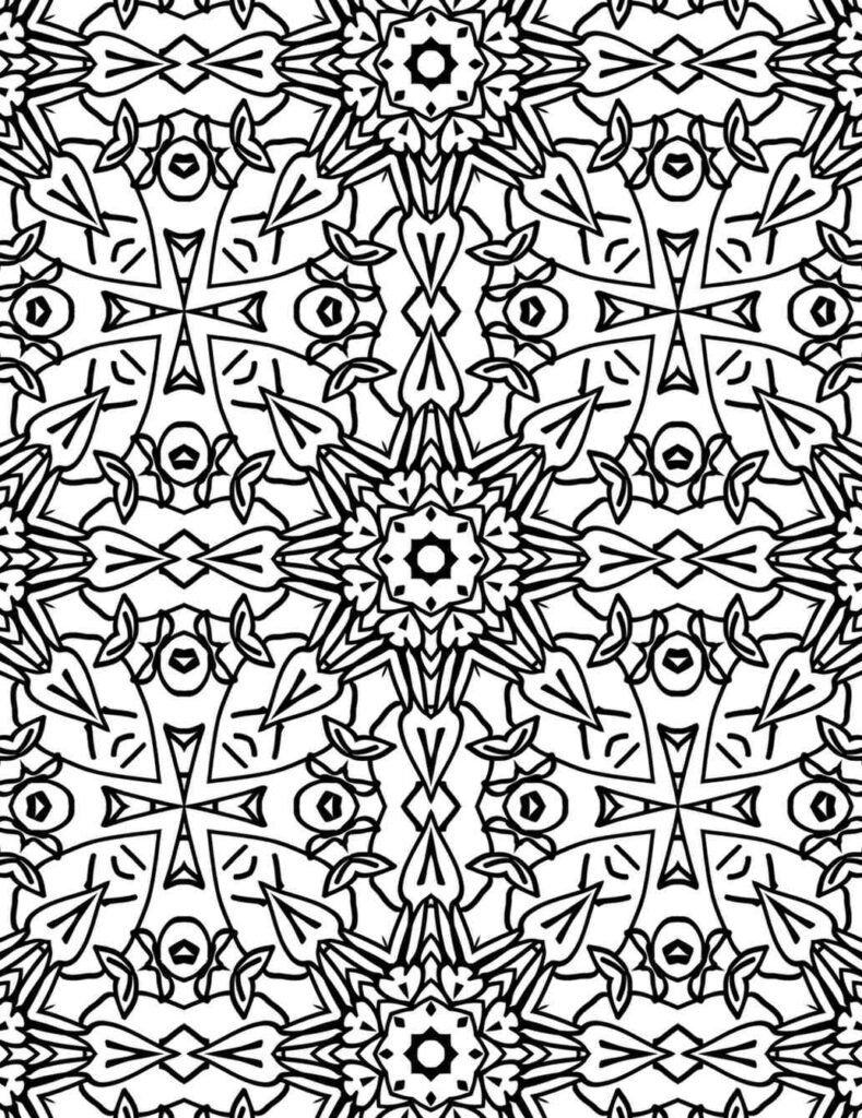 Black and white geometric petal burst mandala design for coloring and relaxation