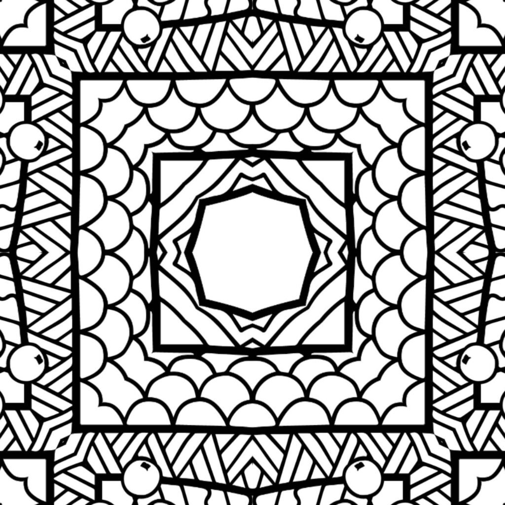 Square geometric mandala coloring page with a central octagon, prominent scalloped patterns, zig-zag lines, and spherical accents, ideal for intricate mindfulness.
