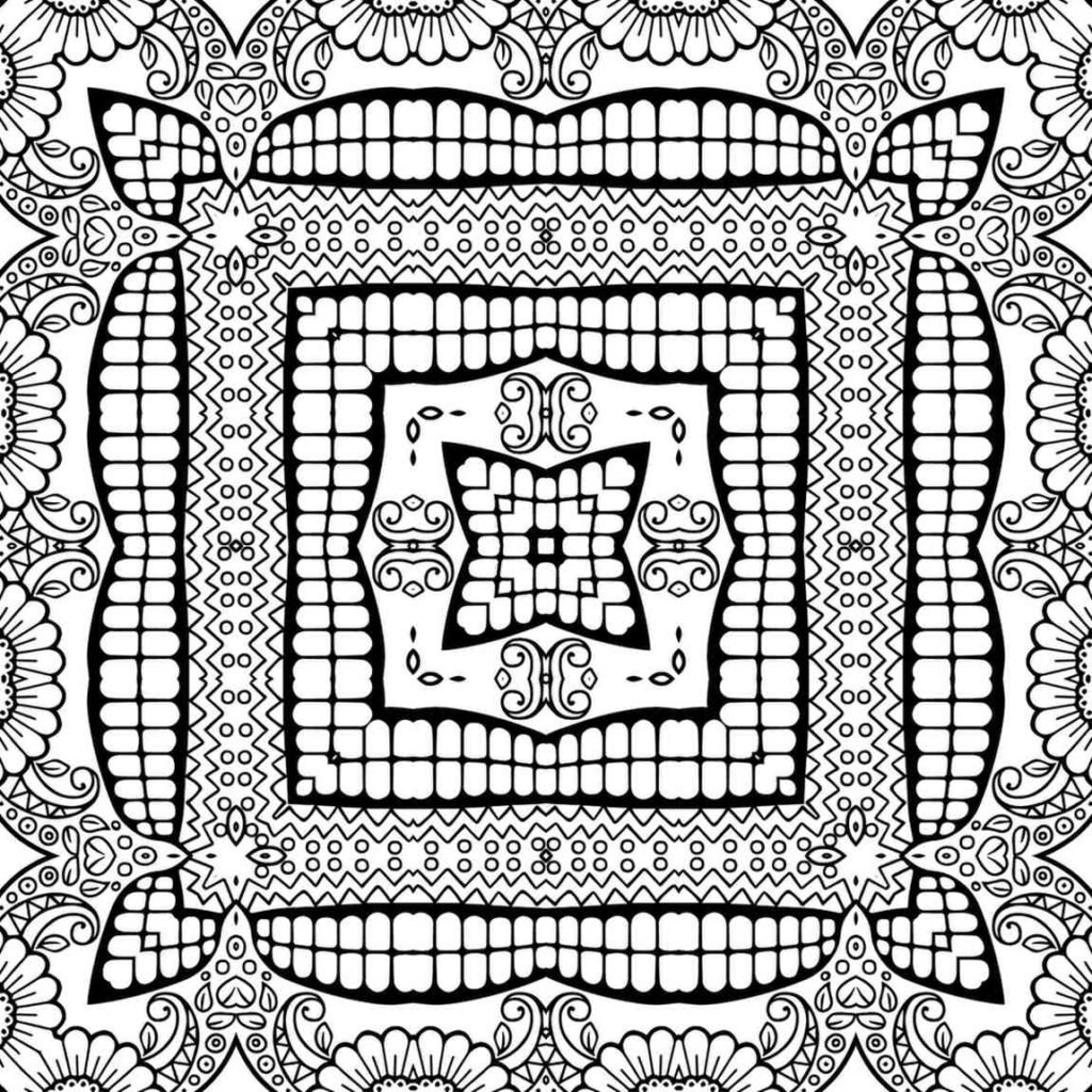 Complex geometric square mandala with intricate repeating patterns, tiny circles, and floral corners, ideal for detailed and mindful adult coloring.