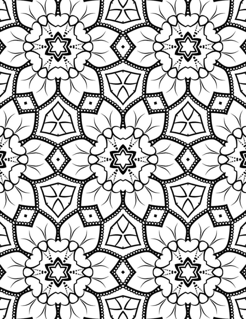 Black and white mandala with star-shaped centers, petal layers, and geometric embellishments in a repeating floral pattern