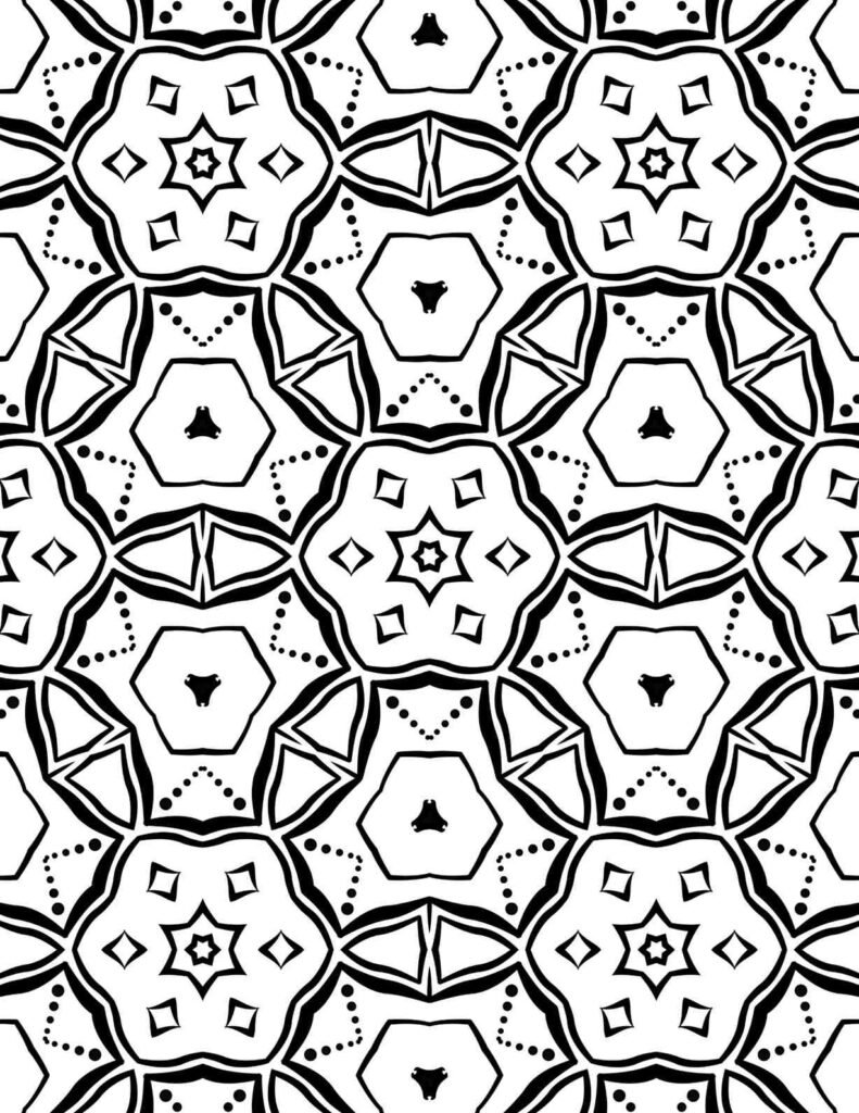 Black and white mandala pattern with star-shaped centers, pentagonal borders, dotted accents, and geometric symmetry.
