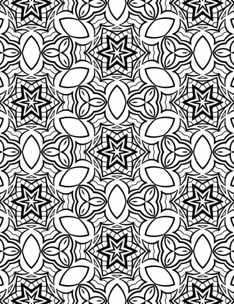 Geometric mandala with repeating star shapes and layered arches, ideal for detailed coloring and meditation