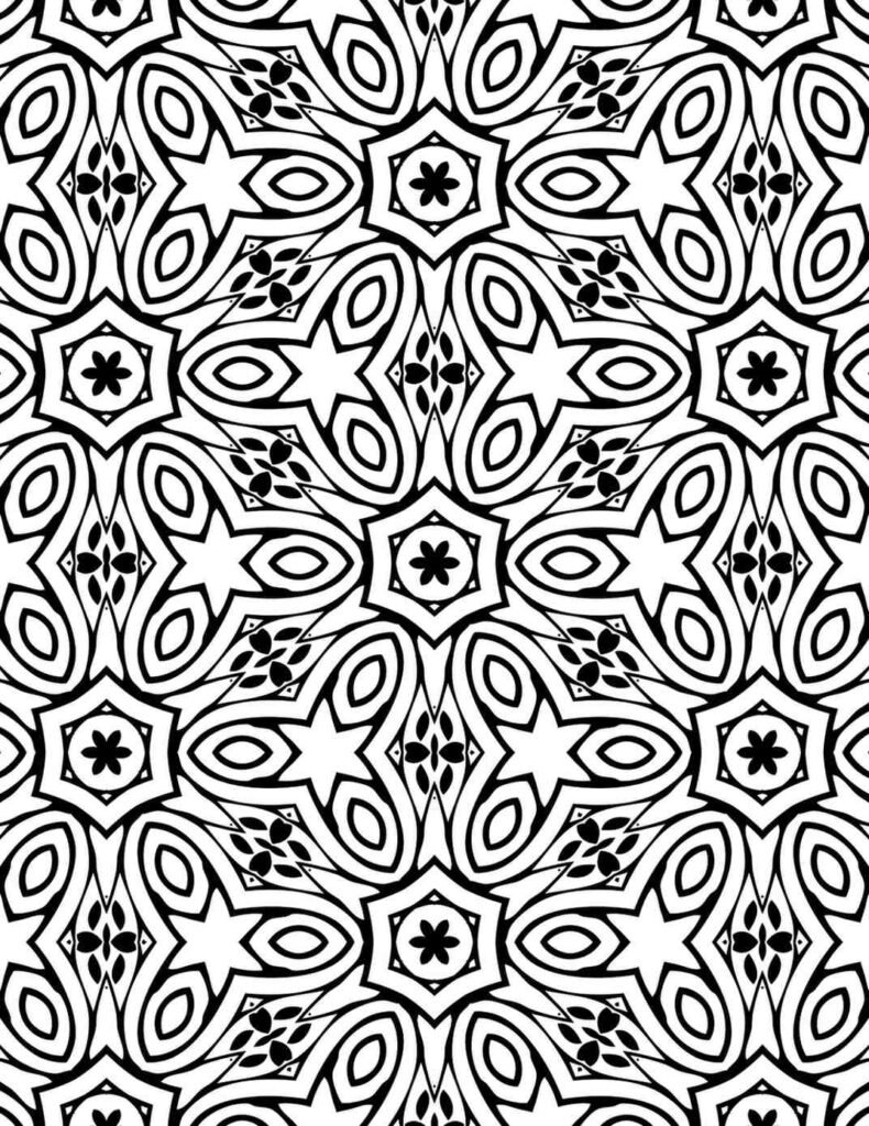 Intricate black and white geometric star mandala with repeating floral and almond patterns for coloring and meditation