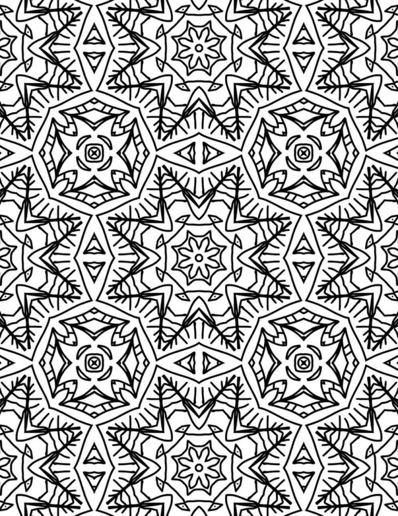 Bold black and white mandala featuring starburst and hexagon patterns for mindful coloring and creative activities