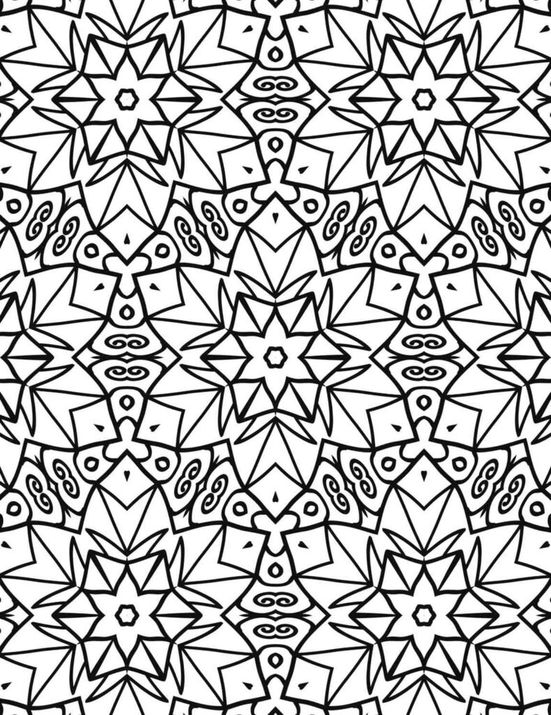 Intricate geometric starburst mandala design for adult coloring and relaxation