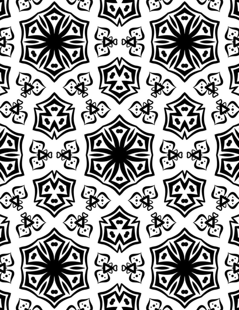 Intricate geometric starburst mandala with bold black patterns and floral accents for coloring and meditation.