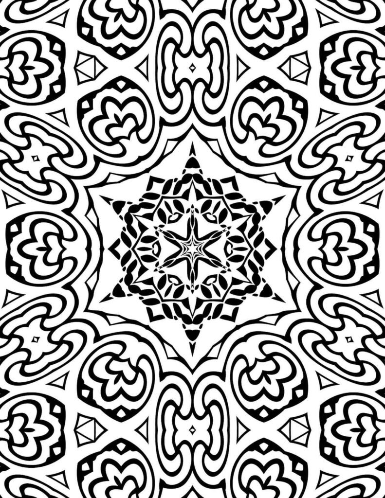 Intricate geometric starburst mandala design, black and white for mindful coloring