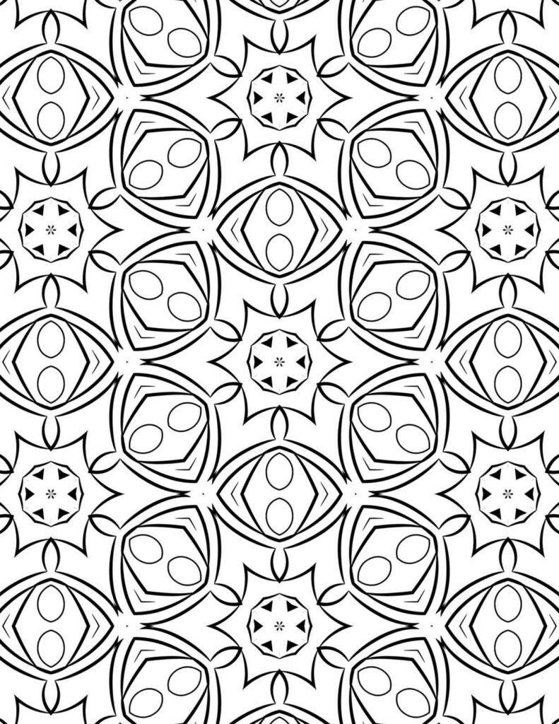 Black and white geometric sunburst mandala with repeating oval and star patterns, perfect for coloring and relaxation